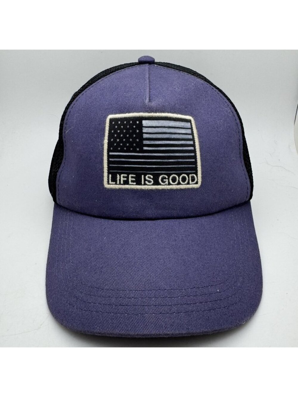 Life is Good Trucker Hat Cap Men's Purple Black American Flag Patch Adjustable